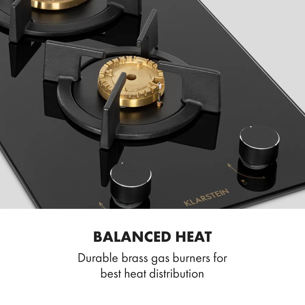 Klarstein Goldflame Domino Gaskochfeld , 2-flammig , Autark , 30 Cm , Einbau , Messing-Brenner , Erdgas/Propangas , Sicherheitsventile , Automatische Abschaltung , Topfträger Aus Gusseisen , Inkl. Schlauch Und Druckminderer , Glaskeramik Ø 8 Mm , Schwarz - Image 3