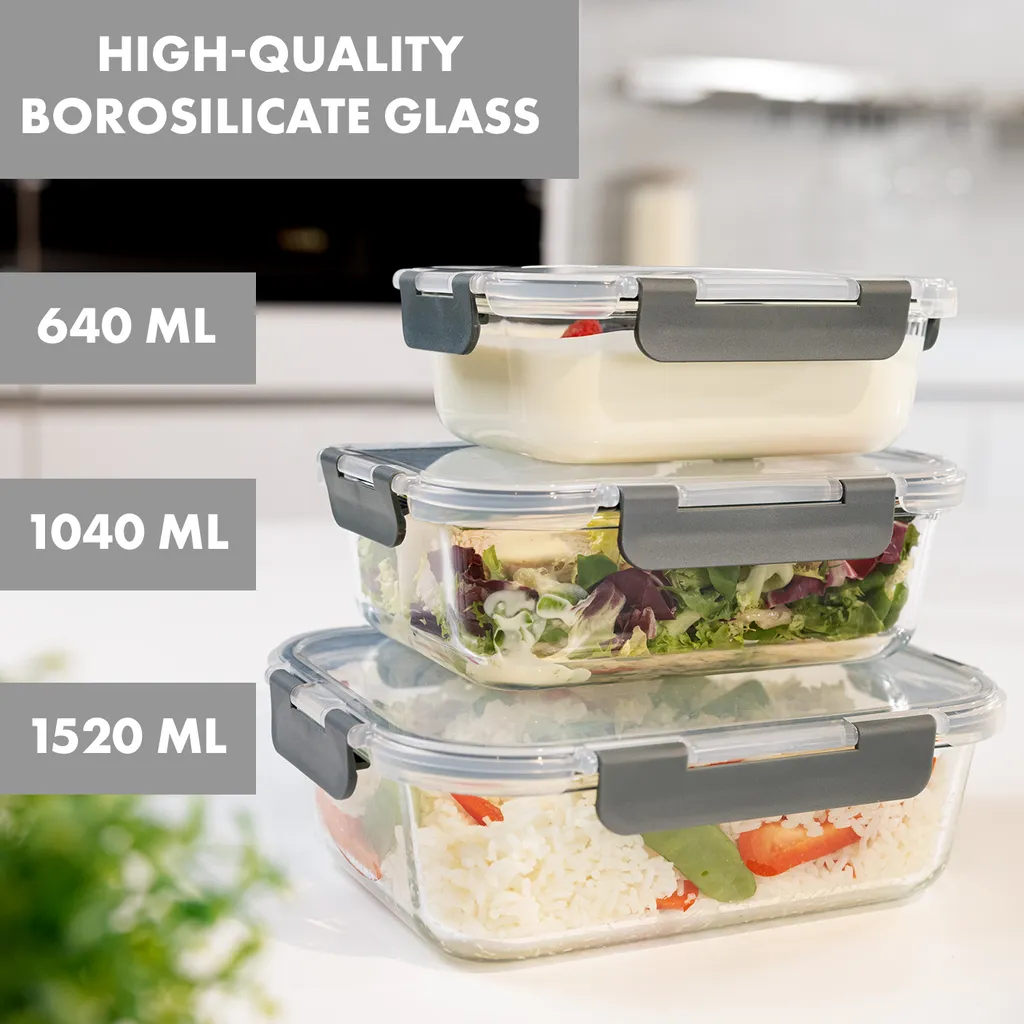 Klarstein Glaswerk Jardine III Frischhaltedosen Lunchboxen Auflaufform Mikrowellengeschirr , 640, 1040, 1520 Ml , 3 Stück , Borosilikatglas , Geeignet Für Backofen, Gefrierfach, Mikrowelle , Spülmaschinenfest , 100 % Dicht Mit Scharnierverschluss , Bruchsicher , Hitze- Und Kältebeständig , - Image 2