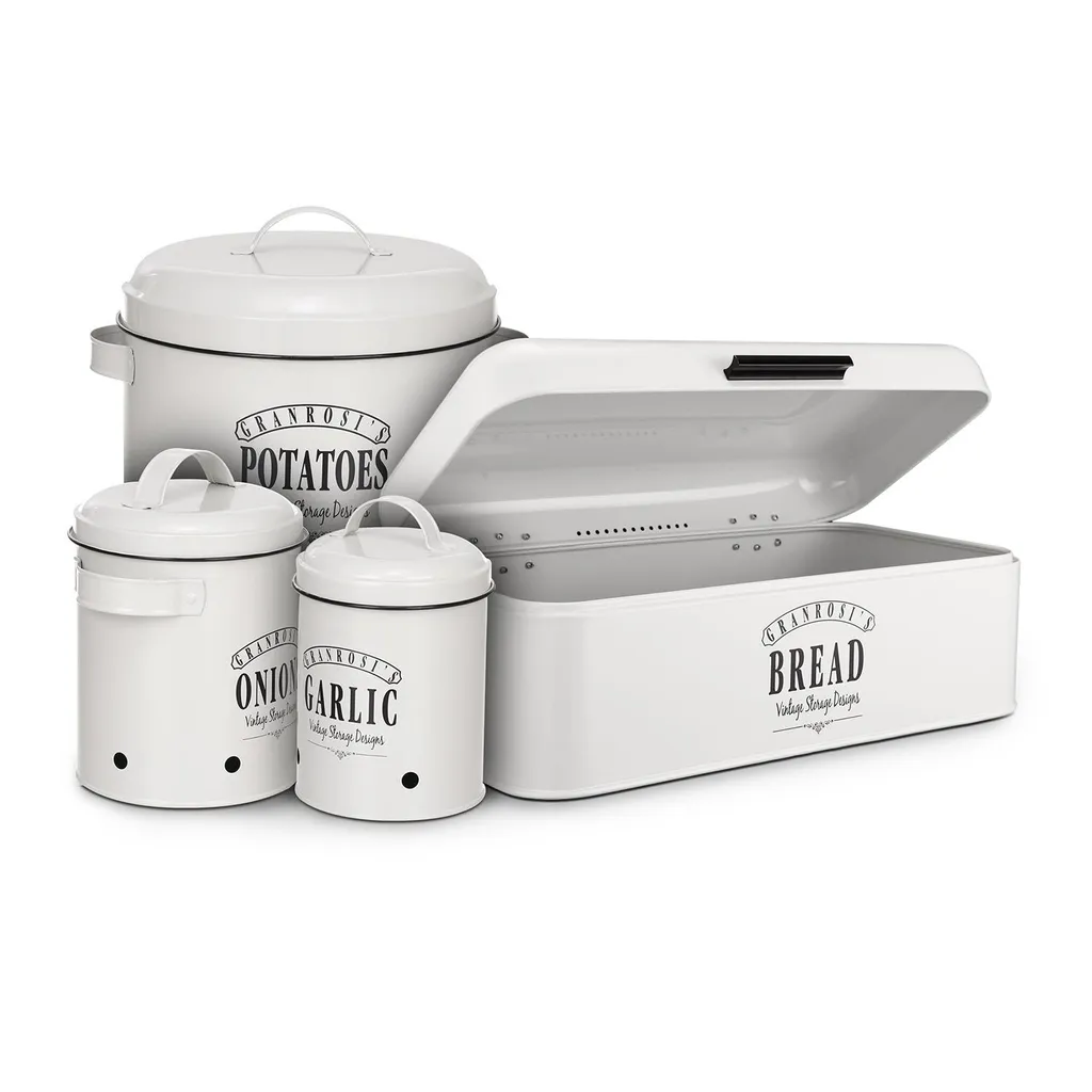 Klarstein Granrosi Georgia Vorratsbehälter Vorratstopf 3er-Set , Knoblauchtopf, Zwiebeltopf, Kartoffeltopf , Emaille-Stahlblech , Rostfrei , Lüftungsöffnungen , Vintage-Design , Creme - Image 5