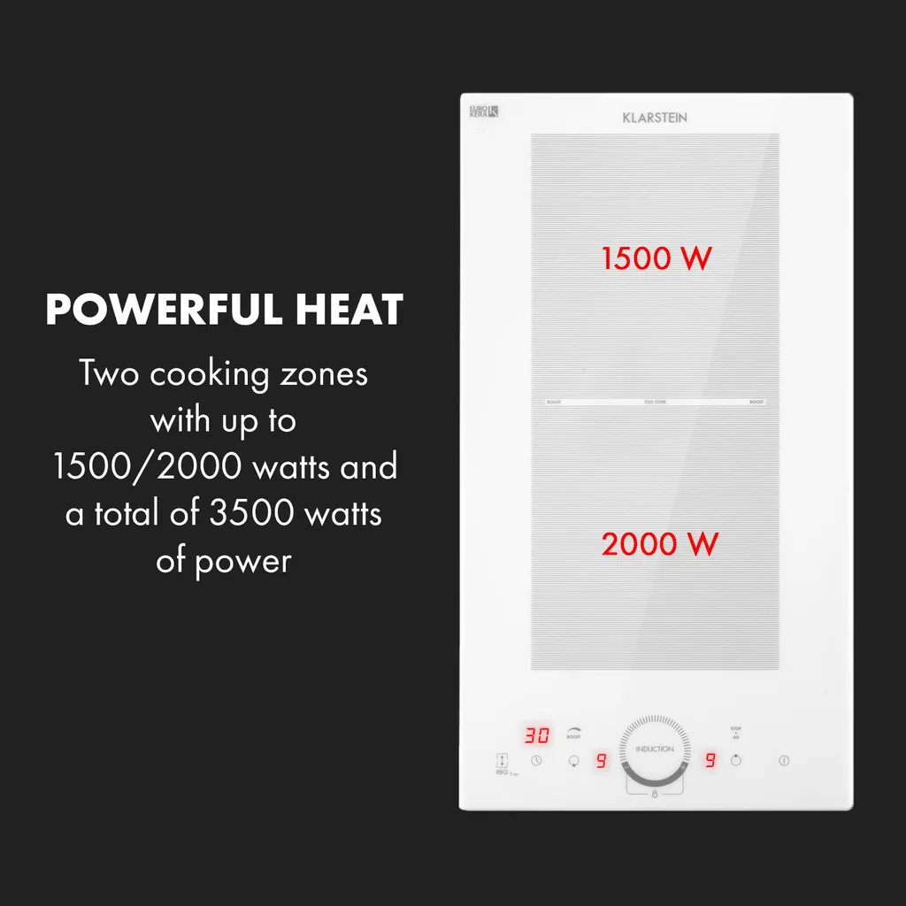 Klarstein Delicatessa Slim Domino Induktionskochfeld ,29 Cm ,Einbau ,autark ,2 Zonen: 3500 Watt ,9 Stufen ,Booster ,Flexzone ,Topferkennung ,Timer ,Glaskeramik ,rahmenlos ,weiß - Image 4
