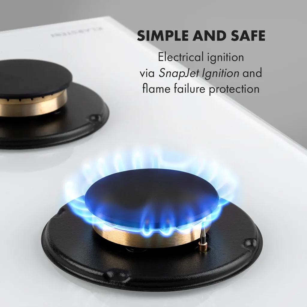 Klarstein Goldflame 4 Gaskochfeld , 4-flammig , Autark , 60 Cm , Einbau , Messing-Brenner , Erdgas/Propangas , Sicherheitsventile , Automatische Abschaltung , Topfträger Aus Gusseisen , Inkl. Schlauch Und Druckminderer , Glaskeramik Ø 8 Mm , Weiß - Image 5