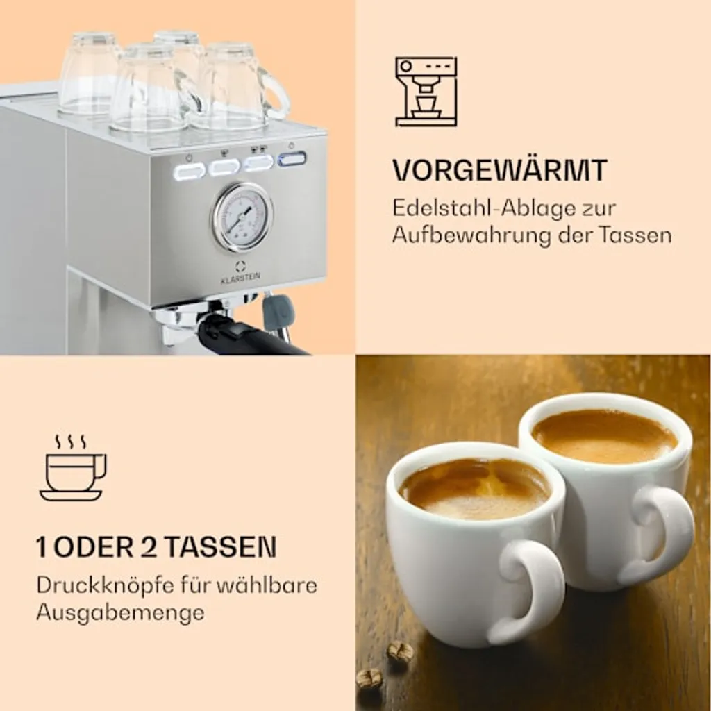 Klarstein Pausa Espressomaker, Siebträgermaschine Mit 1350 Watt, Espressomaschine 20 Bar Druck, Siebträger Kaffeemaschine Mit Wassertank: 1,4 Liter Edelstahl ,silber - Image 4