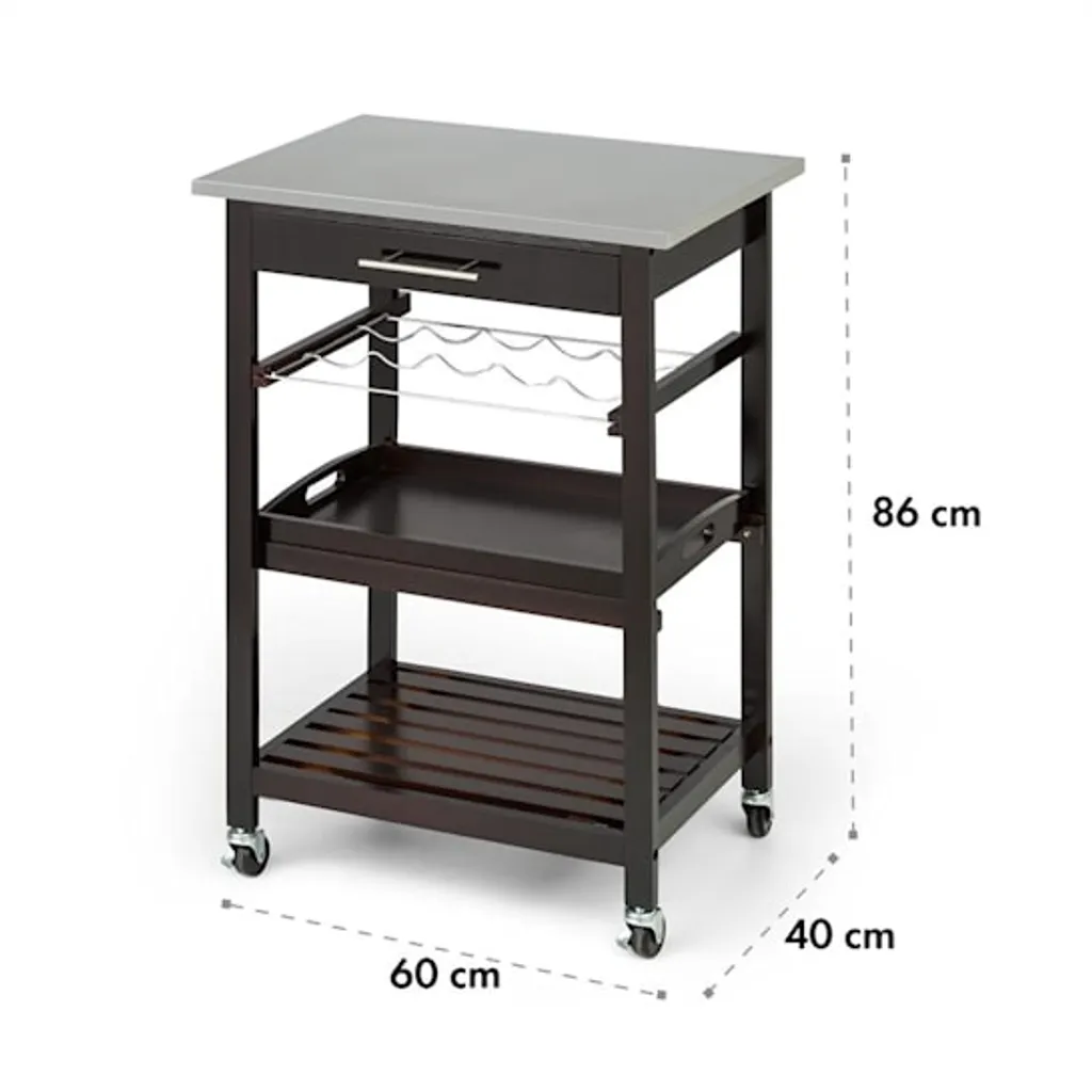 Klarstein Vermont - Küchenwagen, Servierwagen, Küchenrollwagen, 4 Etagen, DREI Ablagen, Herausnehmbare Schublade, Flaschenablage, Edelstahl-Arbeitsplatte, Echtholz, Rollen, Dunkelbraun - Image 8