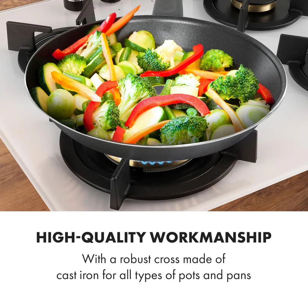 Klarstein Goldflame 4 Gaskochfeld , 4-flammig , Autark , 60 Cm , Einbau , Messing-Brenner , Erdgas/Propangas , Sicherheitsventile , Automatische Abschaltung , Topfträger Aus Gusseisen , Inkl. Schlauch Und Druckminderer , Glaskeramik Ø 8 Mm , Weiß - Image 7