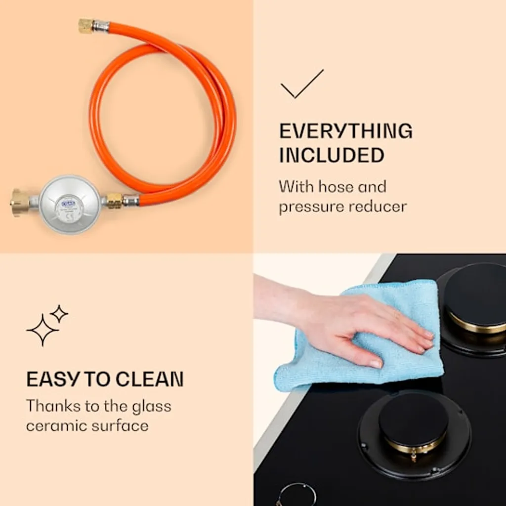 Klarstein Goldflame Domino Prime Gaskochfeld , 2-flammig Messing-Brenner , 4,2 KW, Glaskeramik , Inklusive Schlauch Und Druckminderer - Image 7