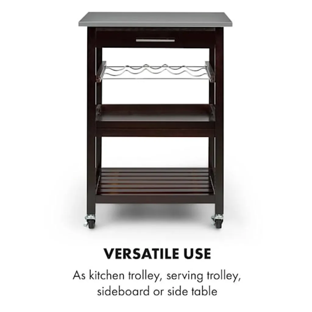 Klarstein Vermont - Küchenwagen, Servierwagen, Küchenrollwagen, 4 Etagen, DREI Ablagen, Herausnehmbare Schublade, Flaschenablage, Edelstahl-Arbeitsplatte, Echtholz, Rollen, Dunkelbraun - Image 3