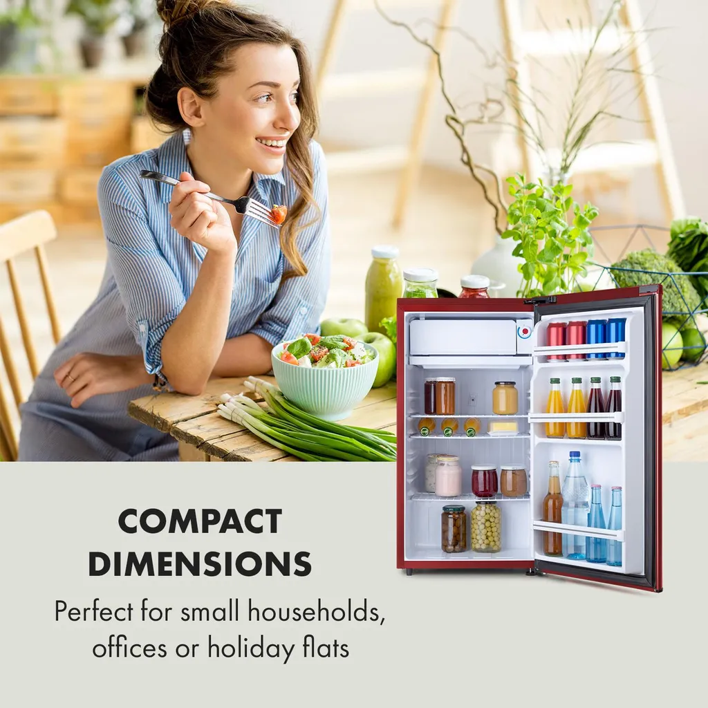 Klarstein Yummy Kühlschrank , 90 Liter Fassungsvermögen , Gefrierfach: 8 Liter , Kühlschrank: 82 Liter , Verchromte Verblendung , , Kühlmittel: R600a , 41dB , 3 X Gitterboden , Halb Automatische Abtau-Funktion , Inkl. Tropfschale , Rot - Image 8