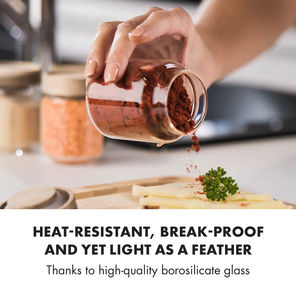 Klarstein Glaswerk Cassia Gewürzgläser Vorratsgläser Gewürzgläserset , 6 X 130 Ml , Borosilikatglas , Deckel Aus Akazienholz , Stapelbares Design , Luftdichte Aufbewahrung - Image 4