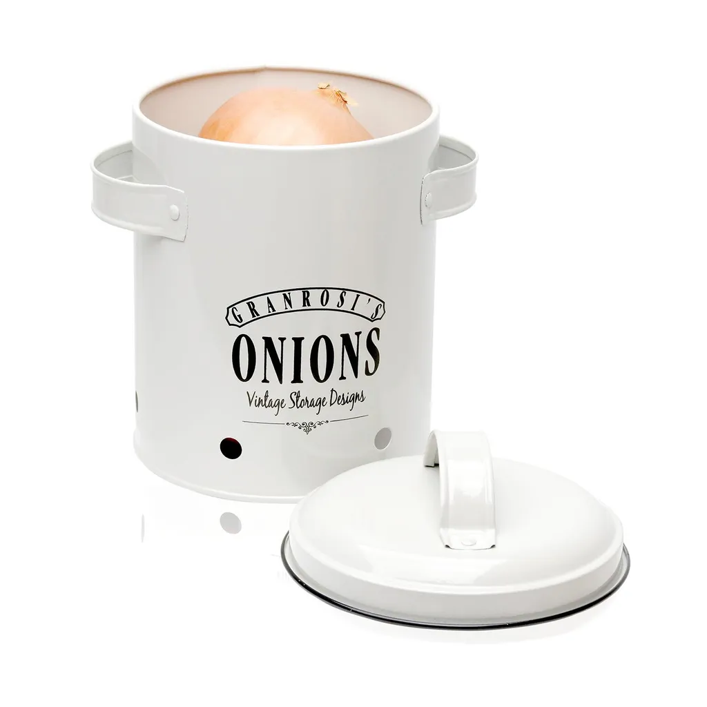 Klarstein Granrosi Iowa Zwiebeltopf Zwiebel-Vorratsdose Zwiebelbox Zwiebelbehälter , Emaille-Stahlblech , Ca. 17 X 22,5 X 14 Cm (BxHxT) , Rostfrei , Lüftungsöffnungen , Füllmenge: Ca. 1,6 Kg Zwiebeln , Seitengriffe , Creme - Image 4