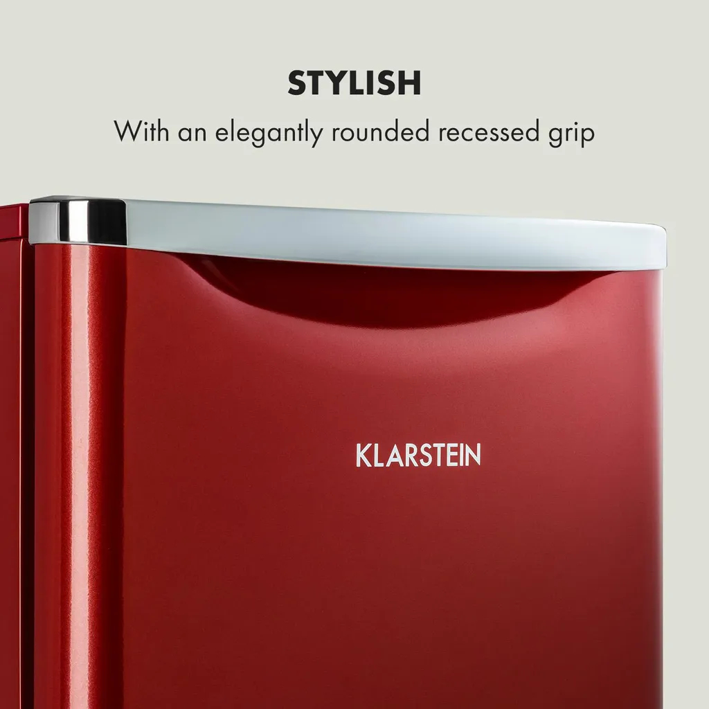 Klarstein Yummy Kühlschrank , 90 Liter Fassungsvermögen , Gefrierfach: 8 Liter , Kühlschrank: 82 Liter , Verchromte Verblendung , , Kühlmittel: R600a , 41dB , 3 X Gitterboden , Halb Automatische Abtau-Funktion , Inkl. Tropfschale , Rot - Image 3