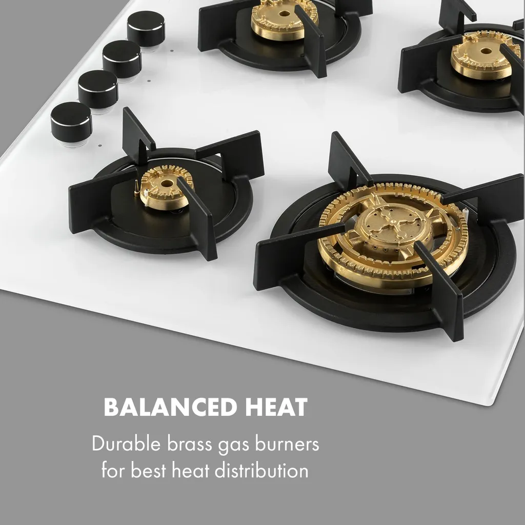 Klarstein Goldflame 4 Gaskochfeld , 4-flammig , Autark , 60 Cm , Einbau , Messing-Brenner , Erdgas/Propangas , Sicherheitsventile , Automatische Abschaltung , Topfträger Aus Gusseisen , Inkl. Schlauch Und Druckminderer , Glaskeramik Ø 8 Mm , Weiß - Image 3