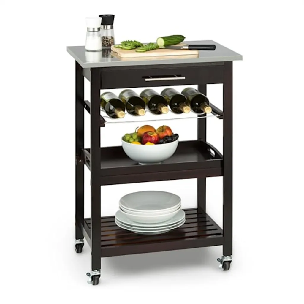 Klarstein Vermont - Küchenwagen, Servierwagen, Küchenrollwagen, 4 Etagen, DREI Ablagen, Herausnehmbare Schublade, Flaschenablage, Edelstahl-Arbeitsplatte, Echtholz, Rollen, Dunkelbraun