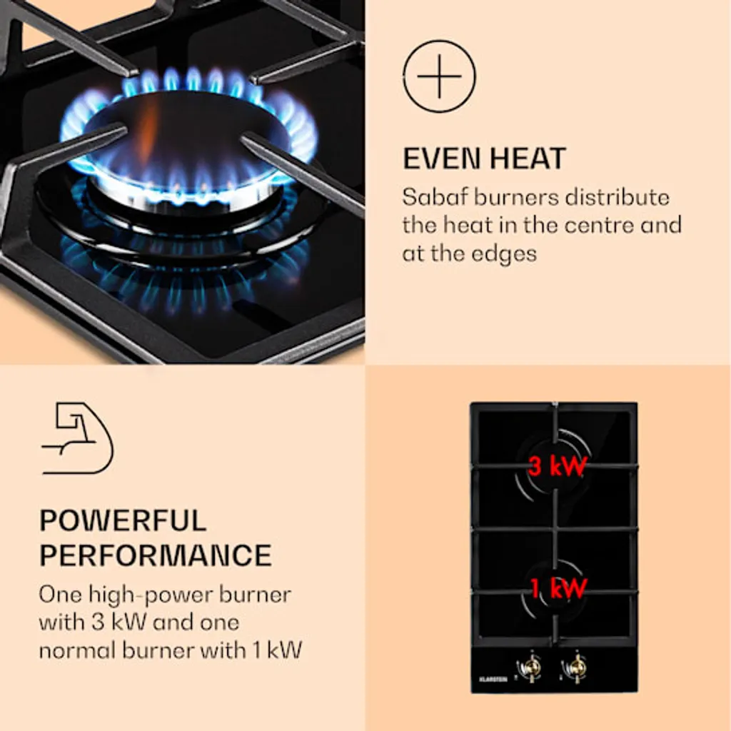 Klarstein Gaskochfeld Gasherd Einbau - Sabaf-Brenner - Erdgas/Propangas - Automatische Abschaltung - Gusseisen - Glaskeramik Retro-Look - 2-flammig - Schwarz Einbau Gas Kochfeld Gasherd 2 Platten Kochfelder Herdplatte Kochplatte Einbaukochfeld - Image 3